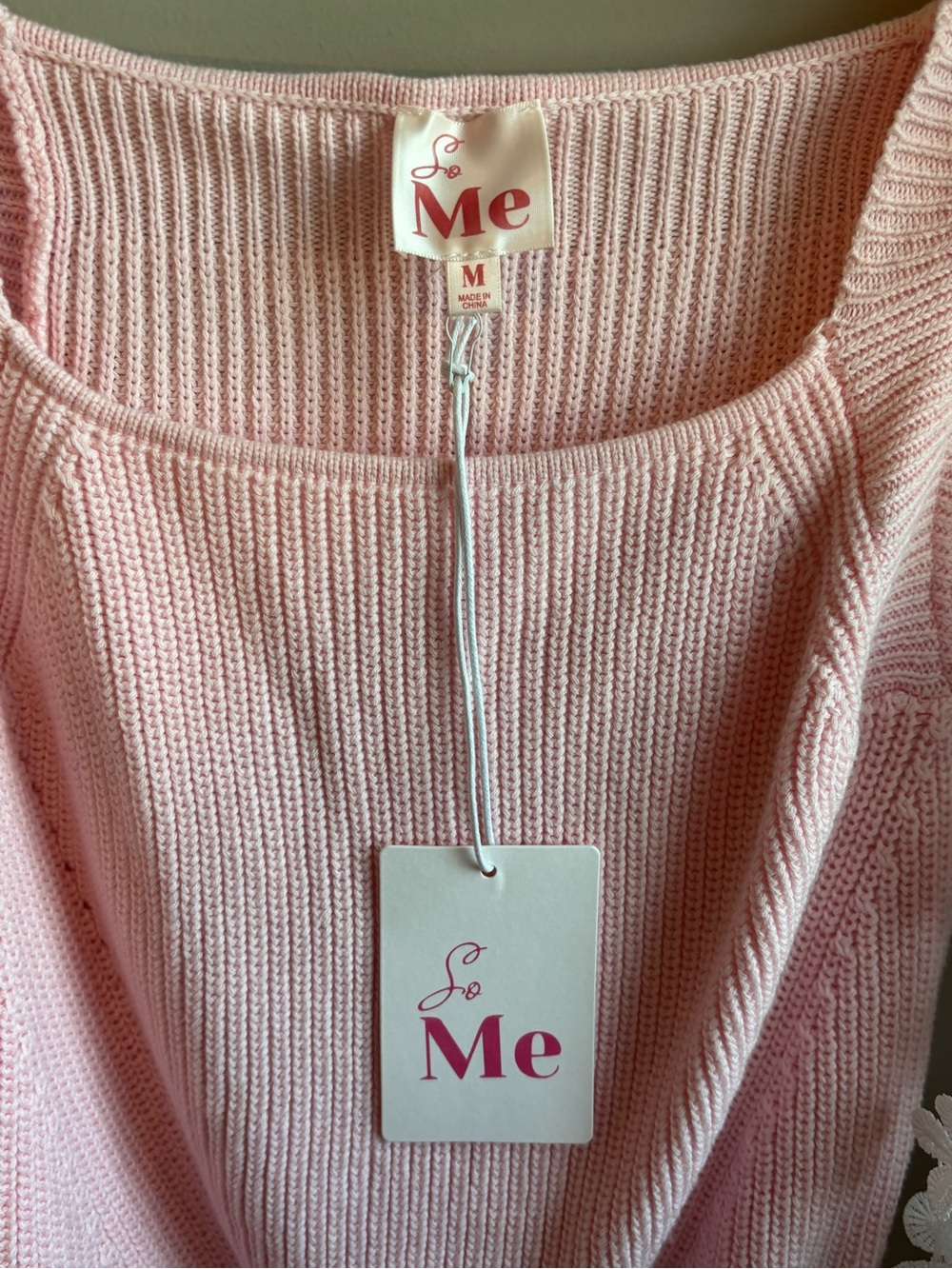 So Me Pink Knit Sweater with White Floral Appliqué Sleeves - Picture 2 of 4